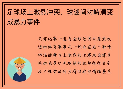 足球场上激烈冲突，球迷间对峙演变成暴力事件